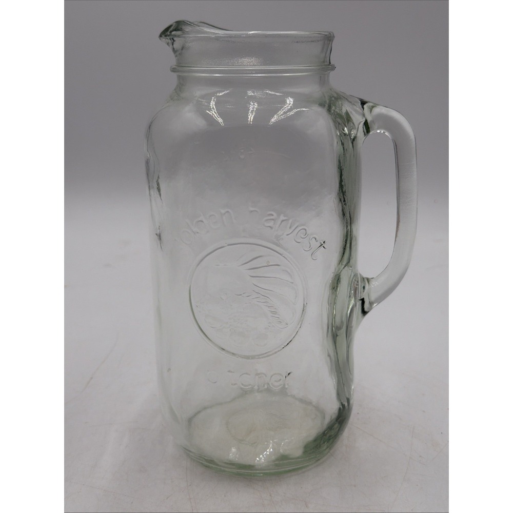 Vintage Golden Harvest Mason Jar Pitcher Glass 48 Ounce 9" Tall Clear Glass